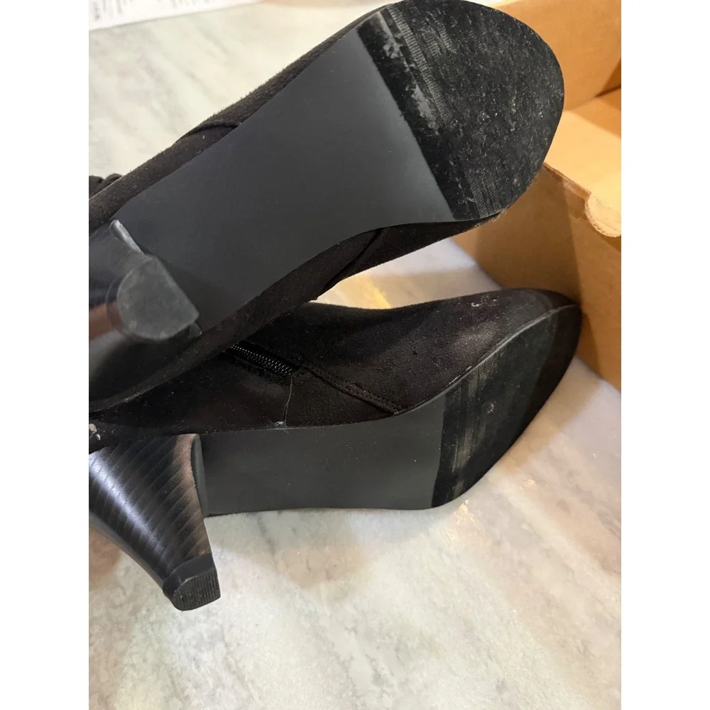 Angel Steps Black Suede Ankle Boots Women's‎ Size 9 Side Zip Fringe Heel